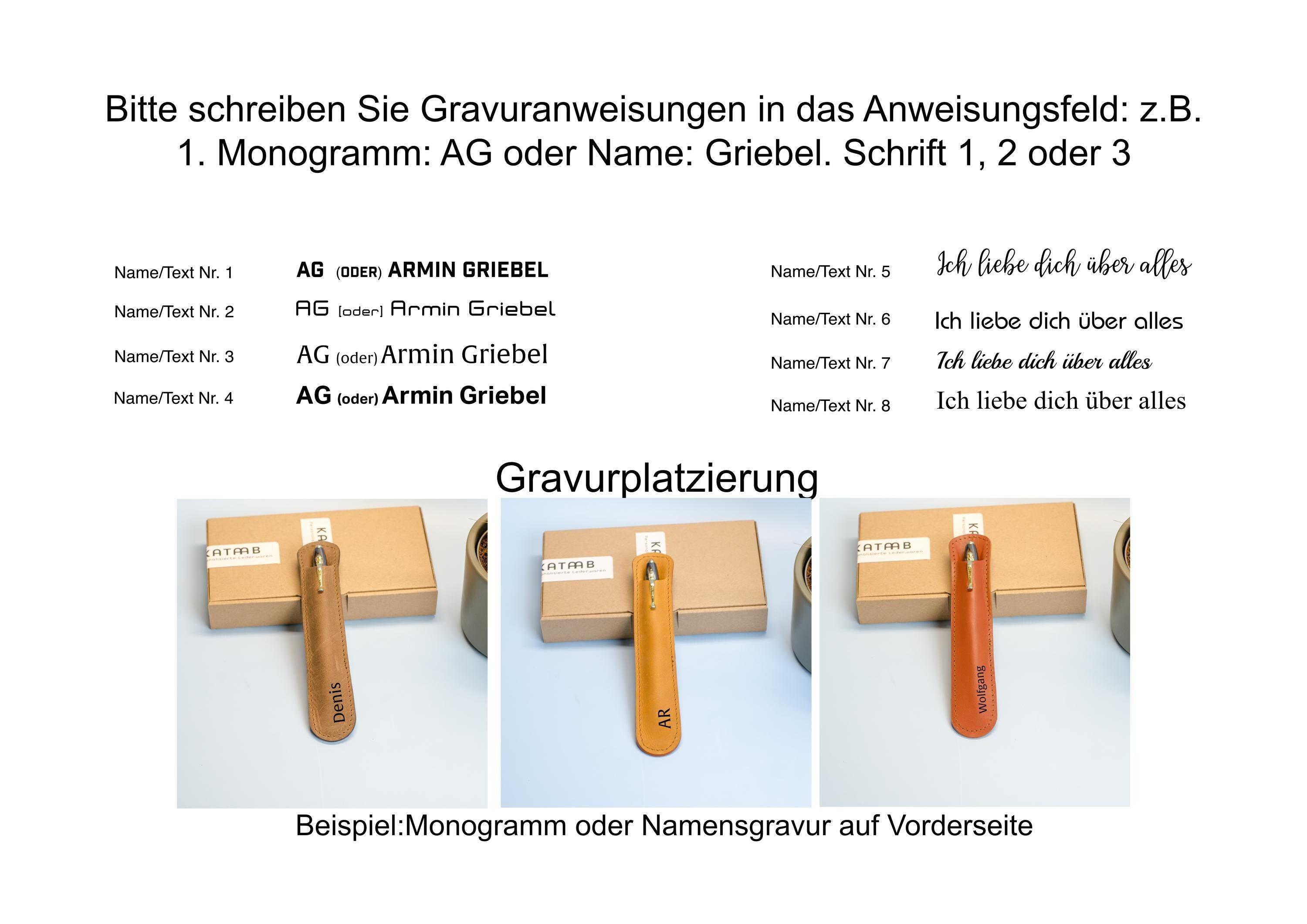 Leder Stifthülle mit Namen Gravur.Größe cir. 17x3,5cm. Lederetui für einen Kugelschreiber mit Gravur. Personalisiertes Stiftetui aus Leder. - KATAAB
