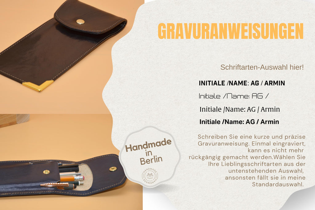 Federmappe aus Leder 21×10×1 cm – Monogramm auf Messing-Ecke, Handarbeit Berlin, geeignet für Stifte und Füllhalter
